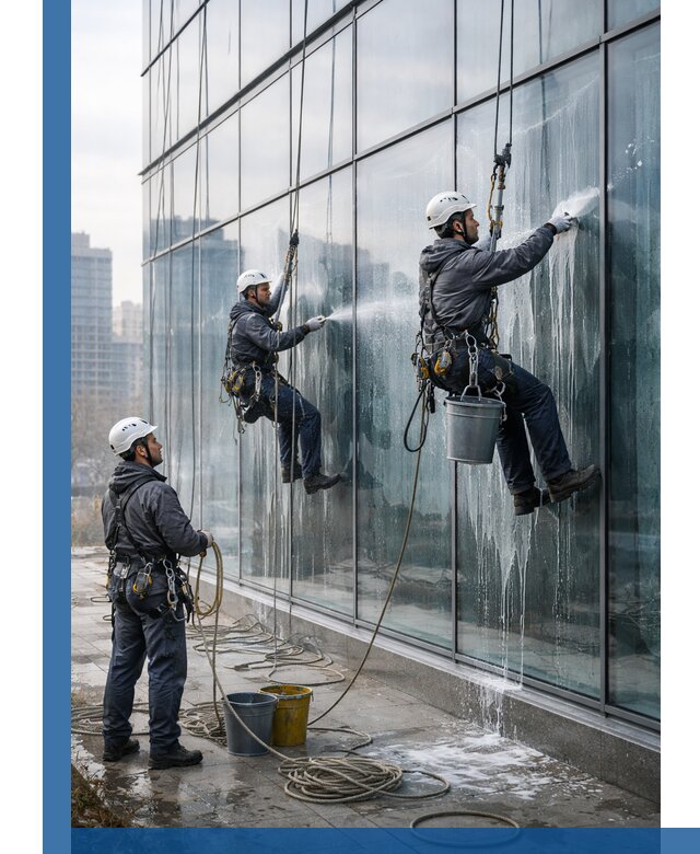 Промышленная мойка панорамных окон на высоте в Мелеузе