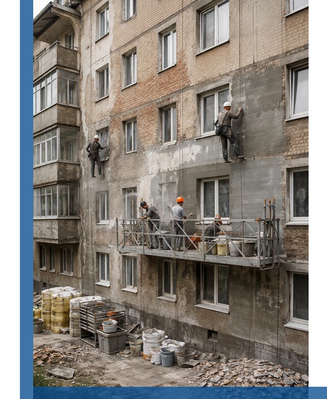 Капитальный ремонт фасада в Мелеузе с восстановлением и гидроизоляцией