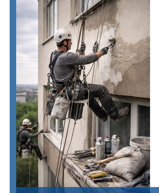 Косметический ремонт фасада зданий в Мелеузе промышленными альпинистами