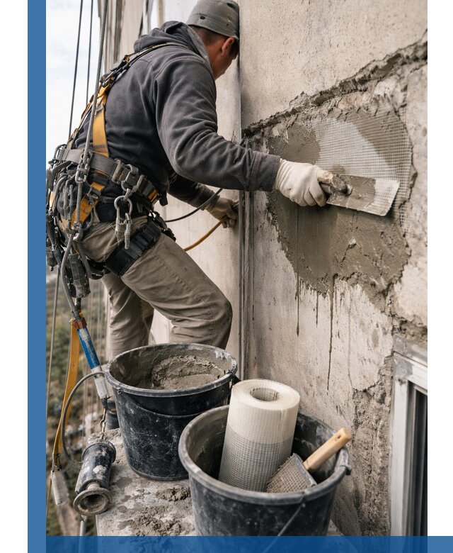 Ремонт бетонных элементов фасада промышленными альпинистами в Мелеузе