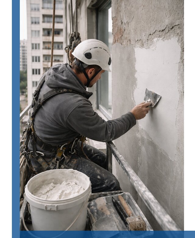 Шпаклевка фасадов на высоте с промальпинистами в Мелеузе