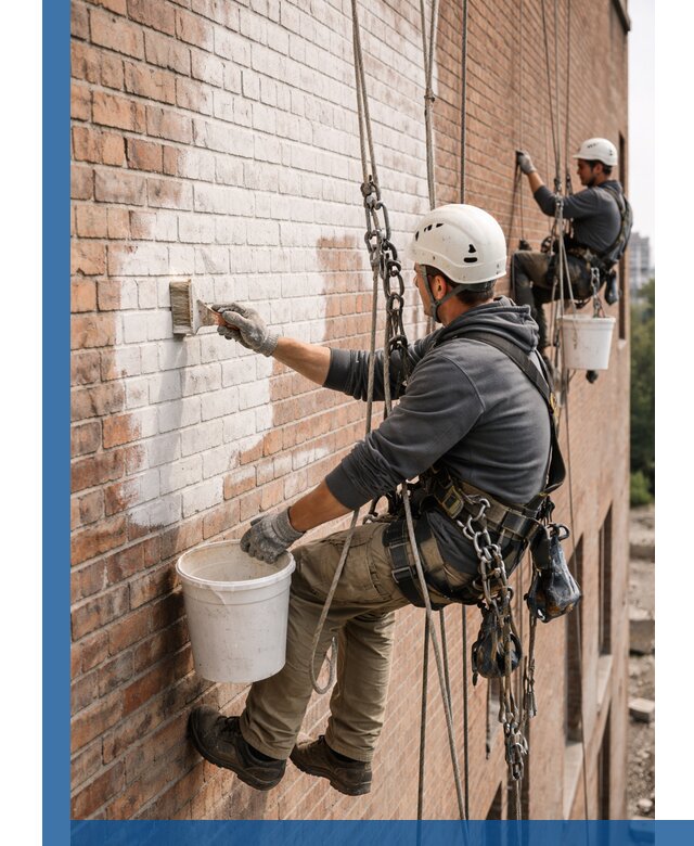 Покраска кирпичного фасада с доступным альпинистским сервисом в Мелеузе