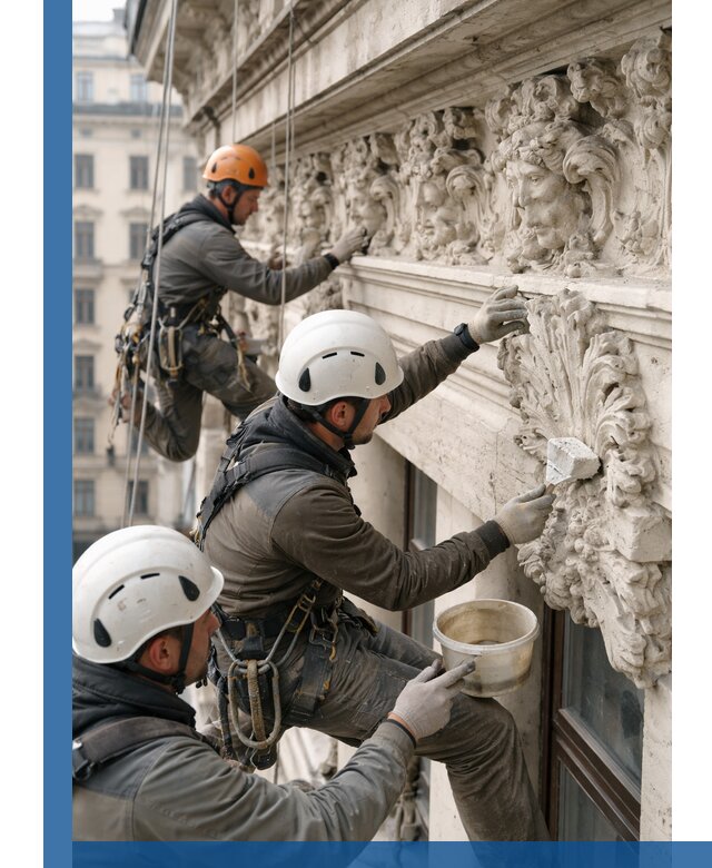 Реставрация фасадной лепнины с высотными работами в Мелеузе