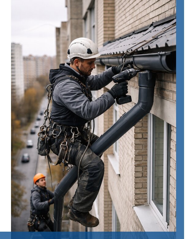 Монтаж водосточной системы на здании в Мелеузе от 5115 р. | ВЫСОТНИК-Млз