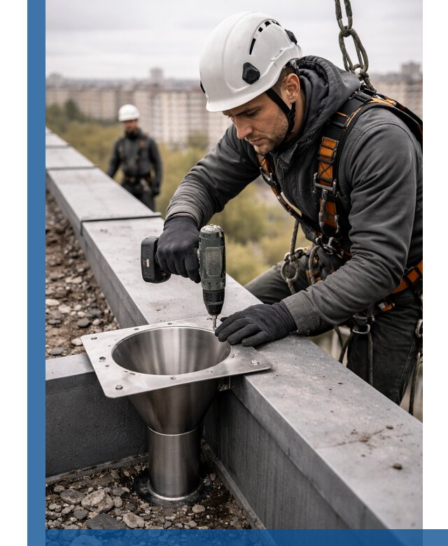 Монтаж водосточных воронок в Мелеузе для промышленных зданий