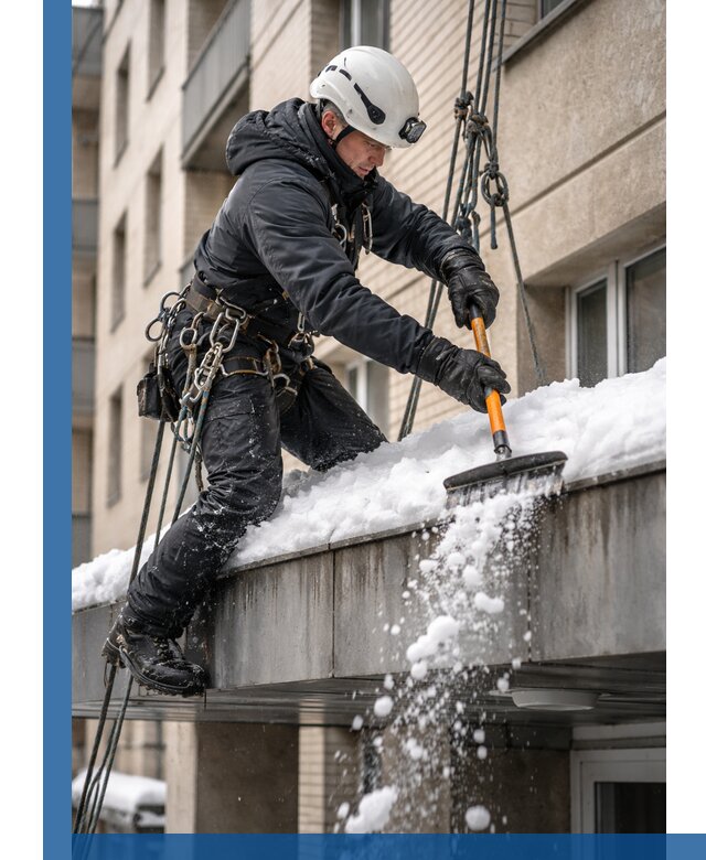 Очистка козырьков от снега в Мелеузе круглогодично безопасно