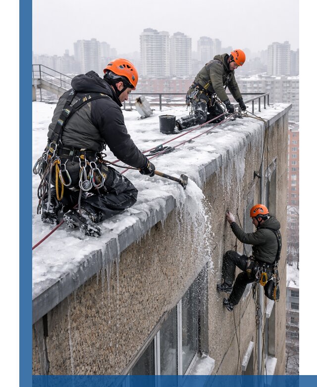 Удаление наледи с кровли в Мелеузе промышленными альпинистами