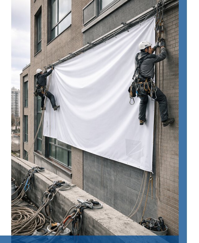 Монтаж баннеров на фасаде в Мелеузе от 665 р. заказать ВЫСОТНИК-Млз