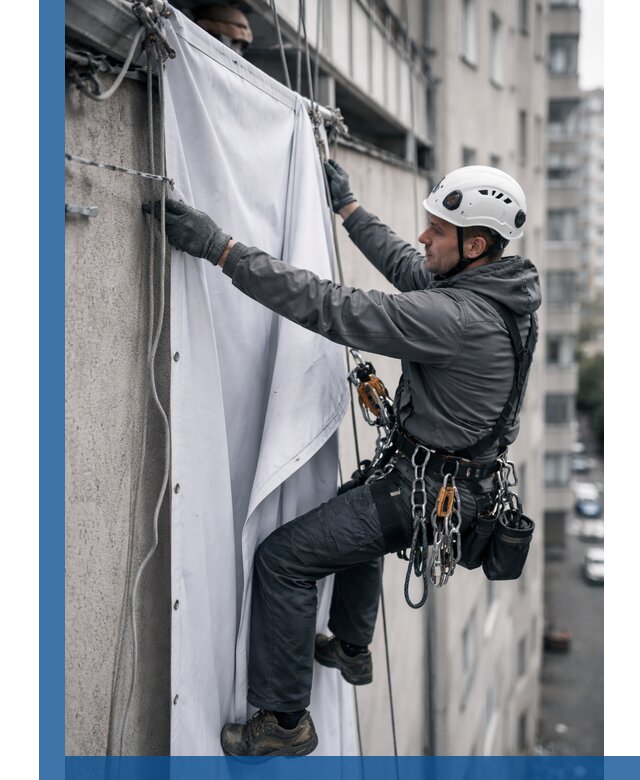 Замена баннерного полотна промышленными альпинистами в Мелеузе