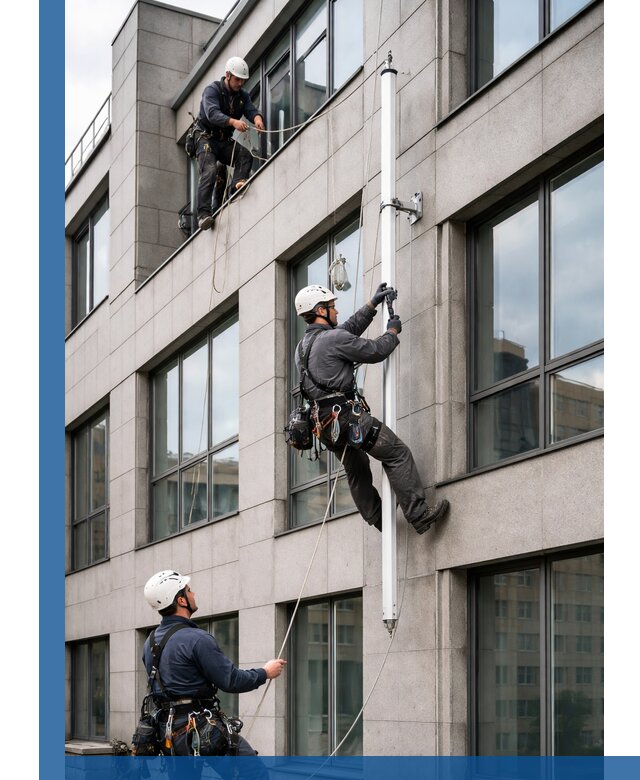 Монтаж флагштока на фасаде здания с креплением и герметикой в Мелеузе