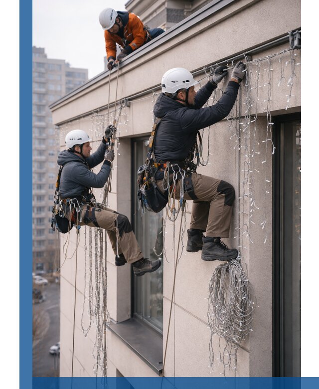 Монтаж праздничных гирлянд на фасаде в Мелеузе для зданий