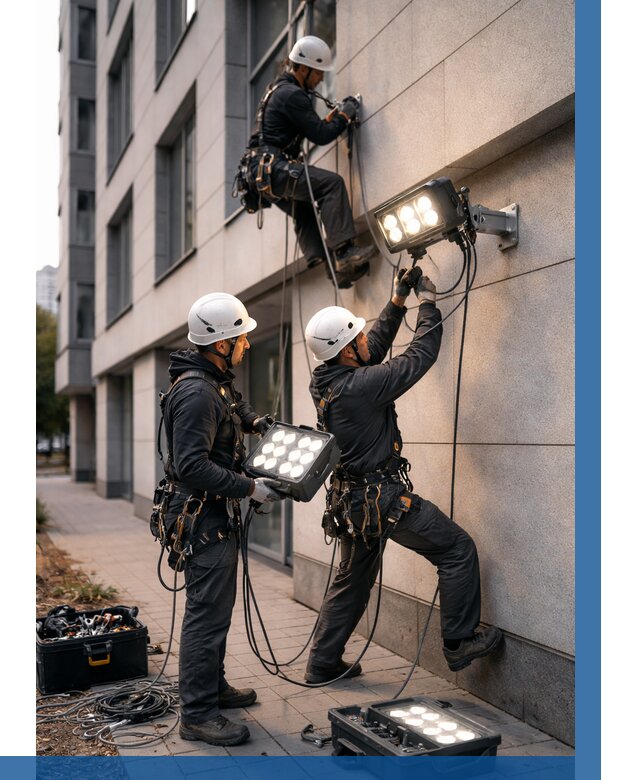 Монтаж прожекторов на фасаде в Мелеузе от 7672 р. | ВЫСОТНИК-Млз