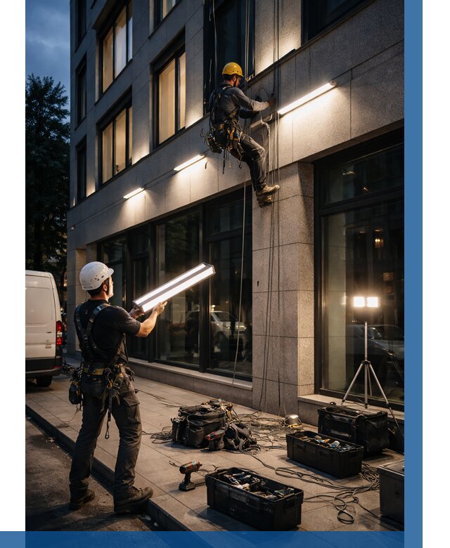 Монтаж архитектурной подсветки здания в Мелеузе от 2557 р.|ВЫСОТНИК-Млз