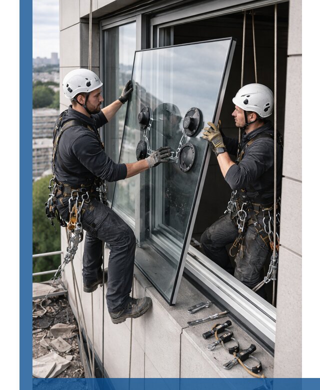 Замена стеклопакетов на высоте с промышленными альпинистами в Мелеузе