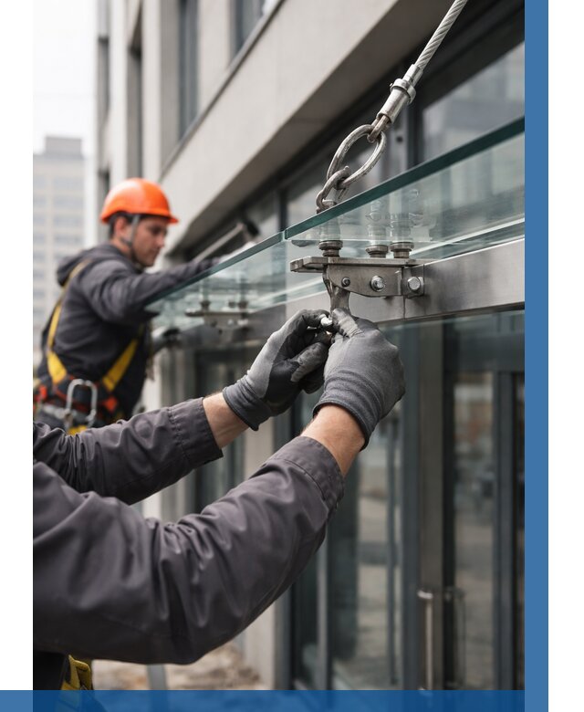 Монтаж стеклянных козырьков в Мелеузе от 8695 р. | ВЫСОТНИК-Млз