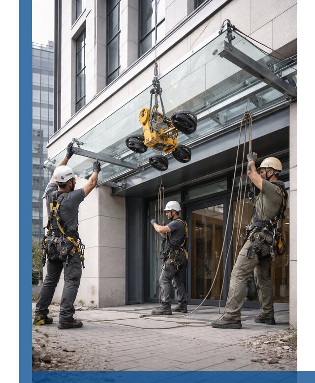 Монтаж стеклянных козырьков под ключ в Мелеузе для зданий