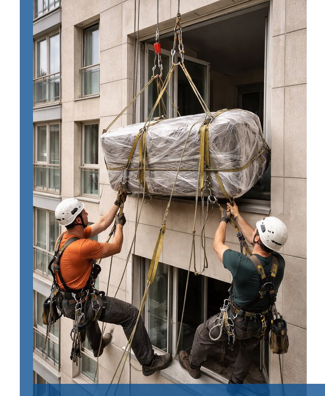 Подъем грузов через окно в Мелеузе промышленными альпинистами