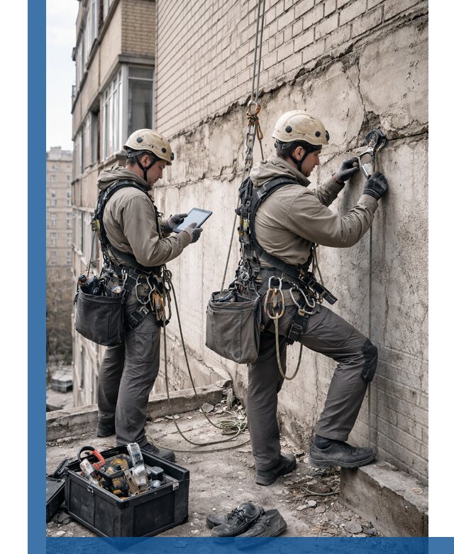 Обследование фасада промышленными альпинистами в Мелеузе